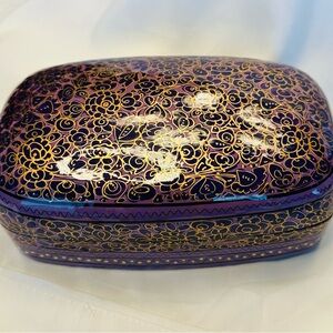 Large Hand Painted Purple and Black Oblong Paper Mache Lidded Box